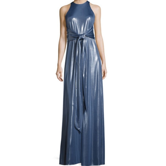 Halston Heritage | Sleeveless High-Neck Metallic Jersey Gown - Picture 3 of 16